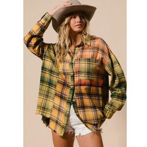 BiBi Plaid Button-Down Shirt in Green, Yellow & Orange
